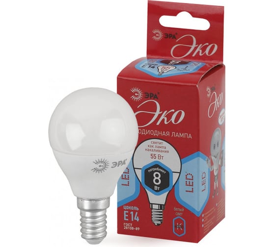 Светодиодная лампочка ЭРА RED LINE ECO LED P458W840E14 E14 / Е14 8Вт шар нейтральный белый свет Б0030023