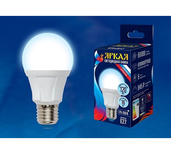 Светодиодная лампа Uniel Форма А, матовая LED-A60 16W/6500K/E27/FR PLP01WH UL-00005035