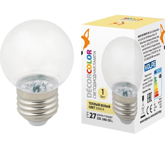 Декоративная светодиодная лампа Volpe LED-G45-1W/3000K/E27/CL/С UL-00005807