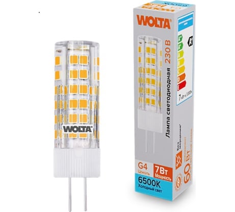 Светодиодная лампа Wolta капсульная 7Вт, 6500К Холодный свет, напряжение 175-250В, цоколь G4, материал корпуса - керамика, форма кукуруза WSTD-JC-220V7W6KG4-C