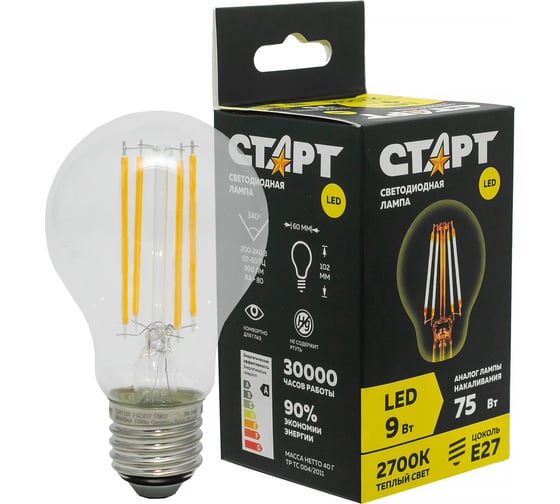 Светодиодная филаментная лампа СТАРТ в колбе лон LED F-GLSE27 9W27