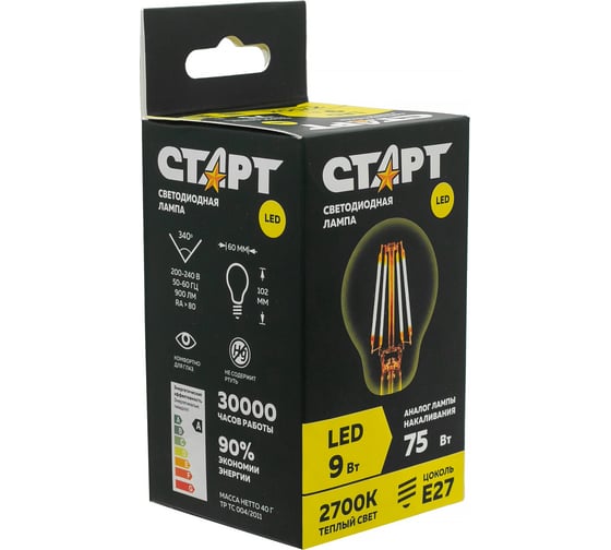 Светодиодная филаментная лампа СТАРТ в колбе лон LED F-GLSE27 9W27