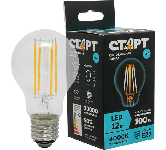 Светодиодная филаментная лампа СТАРТ в колбе лон LED F-GLSE27 12W40