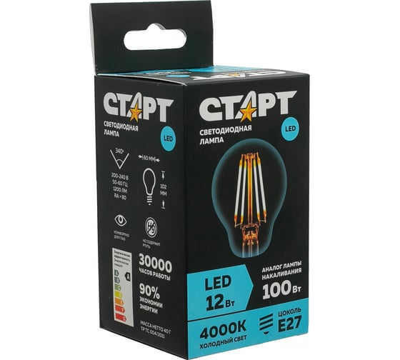 Светодиодная филаментная лампа СТАРТ в колбе лон LED F-GLSE27 12W40