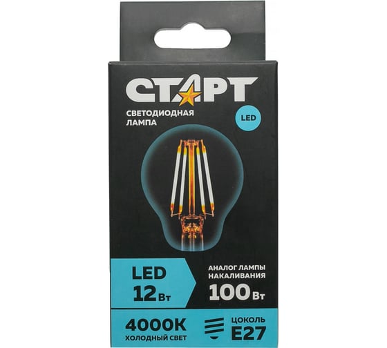 Светодиодная филаментная лампа СТАРТ в колбе лон LED F-GLSE27 12W40