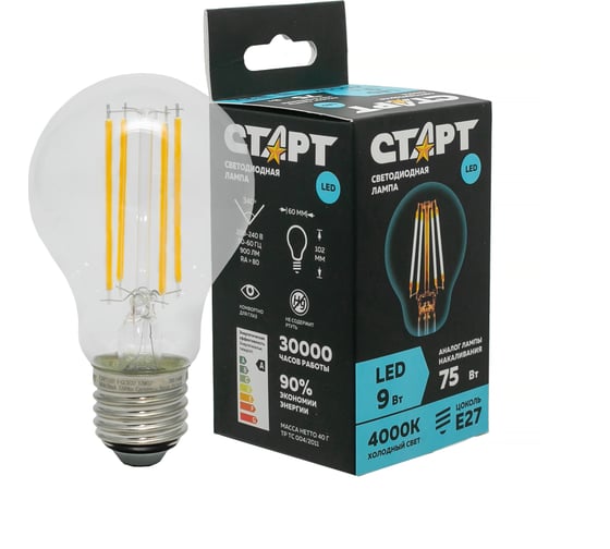 Светодиодная филаментная лампа СТАРТ в колбе лон LED F-GLSE27 9W40