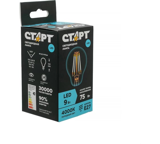 Светодиодная филаментная лампа СТАРТ в колбе лон LED F-GLSE27 9W40