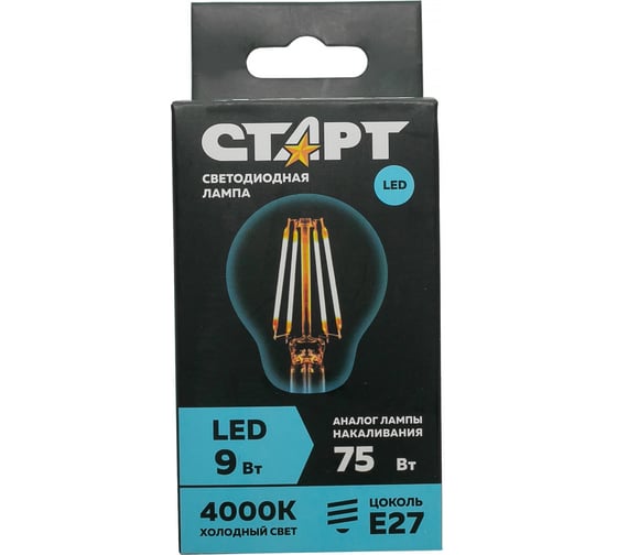 Светодиодная филаментная лампа СТАРТ в колбе лон LED F-GLSE27 9W40