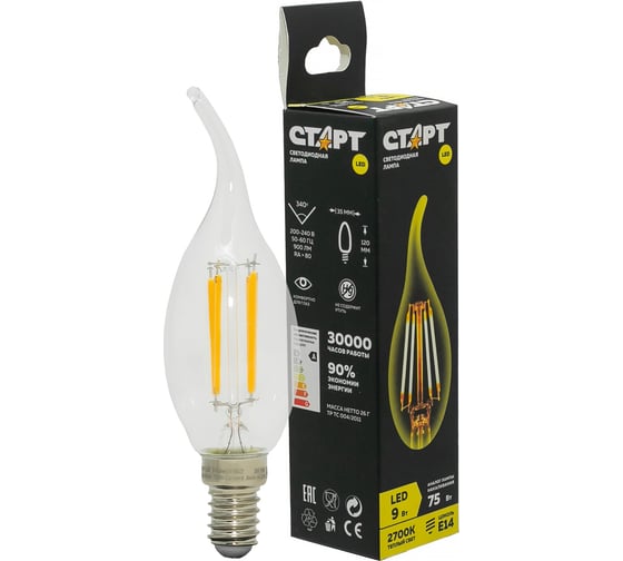 Светодиодная филаментная лампа СТАРТ в колбе свеча витая LED F-FlameE14 9W27