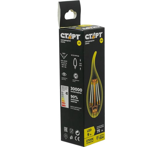 Светодиодная филаментная лампа СТАРТ в колбе свеча витая LED F-FlameE14 9W27