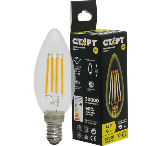 Светодиодная филаментная лампа СТАРТ в колбе свеча LED F-CandleE14 9W27 СТАРТ LED F-CandleE14 9W27