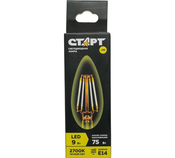 Светодиодная филаментная лампа СТАРТ в колбе свеча LED F-CandleE14 9W27 СТАРТ LED F-CandleE14 9W27
