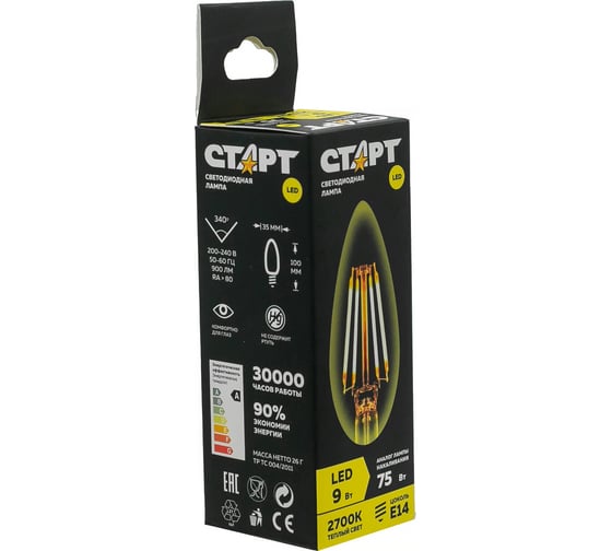 Светодиодная филаментная лампа СТАРТ в колбе свеча LED F-CandleE14 9W27 СТАРТ LED F-CandleE14 9W27