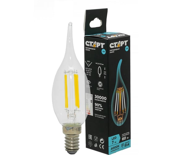 Светодиодная филаментная лампа  в колбе свеча витая СТАРТ LED F-FlameE14 7W40