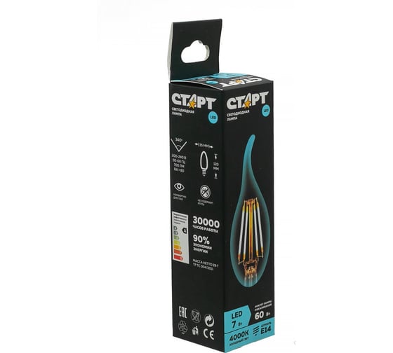 Светодиодная филаментная лампа  в колбе свеча витая СТАРТ LED F-FlameE14 7W40