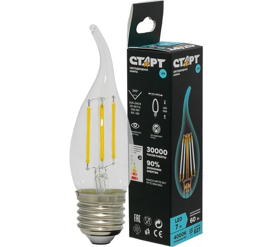 Светодиодная филаментная лампа в колбе свеча витая СТАРТ LED F-FlameE27 7W40 1