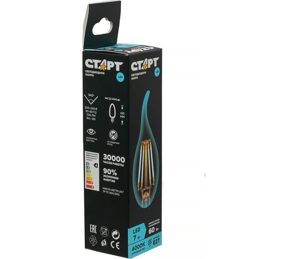 Светодиодная филаментная лампа в колбе свеча витая СТАРТ LED F-FlameE27 7W40