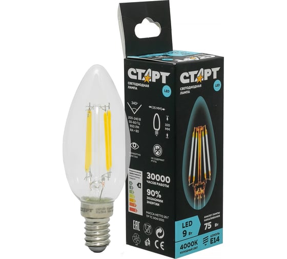 Светодиодная филаментная лампа (в колбе свеча) СТАРТ LED F-CandleE14 9W40