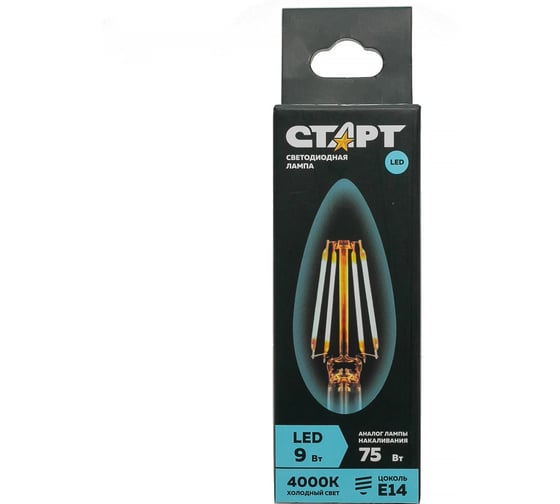 Светодиодная филаментная лампа (в колбе свеча) СТАРТ LED F-CandleE14 9W40