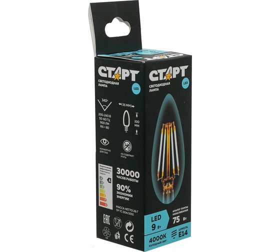 Светодиодная филаментная лампа (в колбе свеча) СТАРТ LED F-CandleE14 9W40