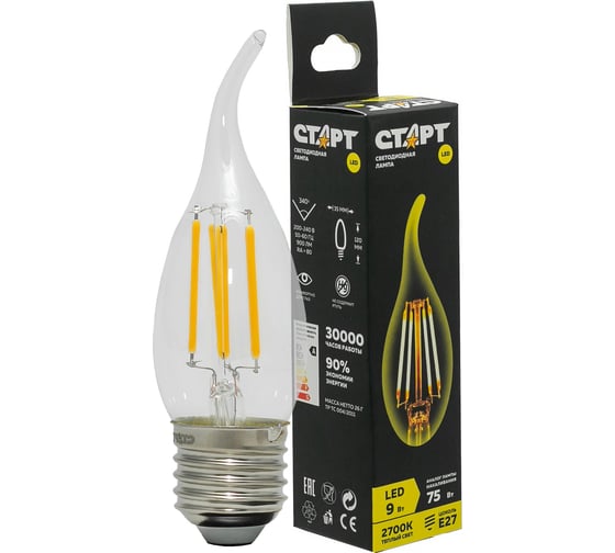 Светодиодная филаментная лампа СТАРТ в колбе свеча витая LED F-FlameE27 9W27