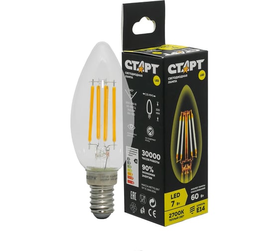Светодиодная филаментная лампа в колбе свеча СТАРТ LED F-CandleE14 7W27