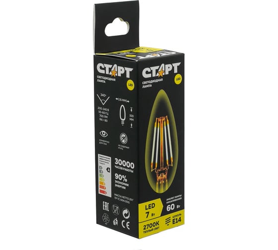 Светодиодная филаментная лампа в колбе свеча СТАРТ LED F-CandleE14 7W27