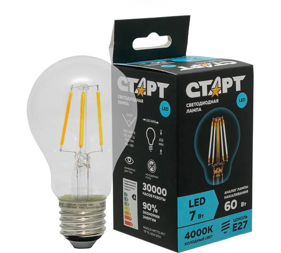 Светодиодная филаментная лампа в колбе лон СТАРТ LED F-GLSE27 7W40