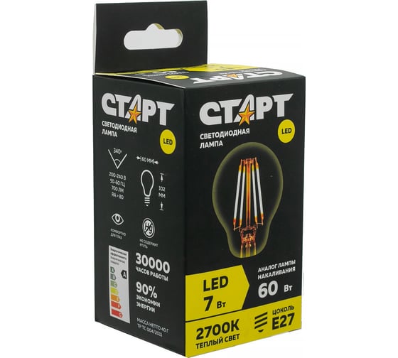 Светодиодная филаментная лампа СТАРТ в колбе лон LED F-GLSE27 7W27