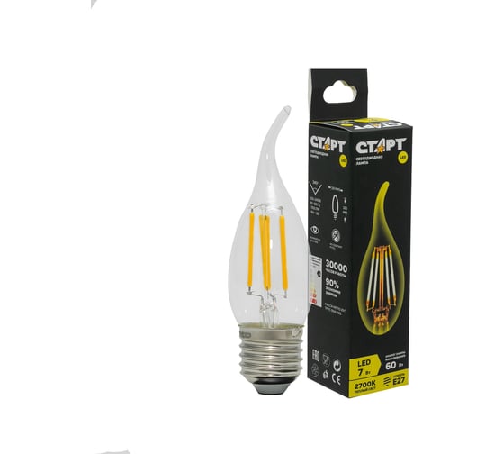 Светодиодная филаментная лампа СТАРТ в колбе свеча витая LED F-FlameE27 7W27