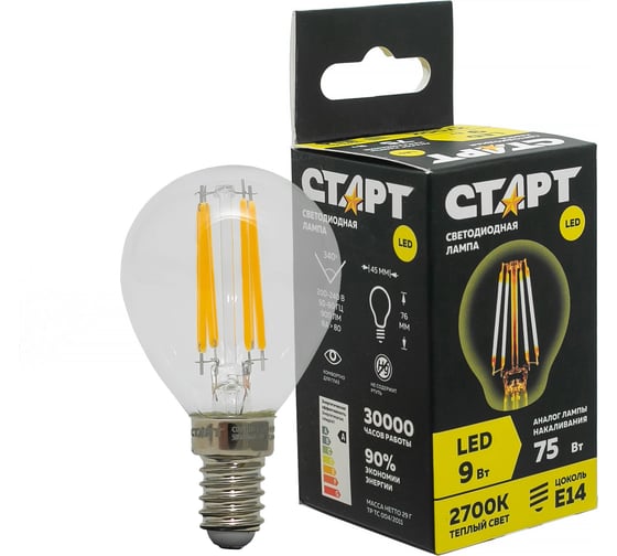 Светодиодная филаментная лампа СТАРТ в колбе шар LED F-SphereE14 9W27