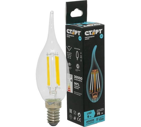 Светодиодная филаментная лампа СТАРТ в колбе свеча витая LED F-FlameE14 9W40