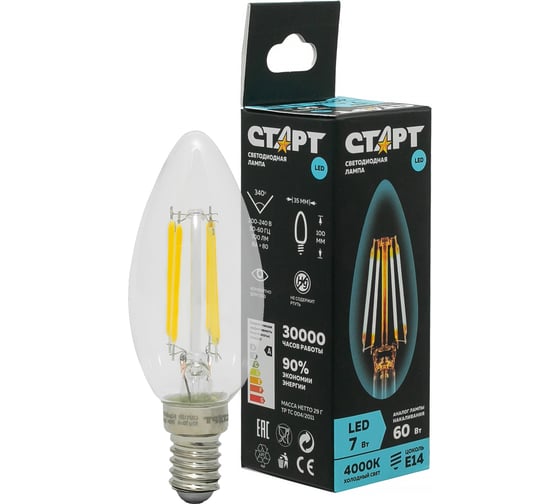 Светодиодная филаментная лампа СТАРТ в колбе свеча LED F-CandleE14 7W40