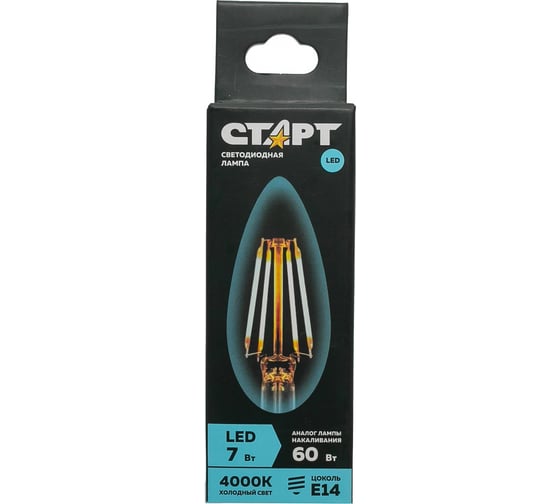 Светодиодная филаментная лампа СТАРТ в колбе свеча LED F-CandleE14 7W40