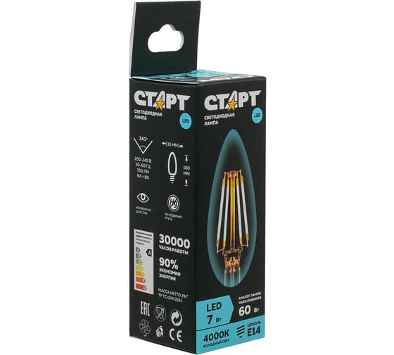 Светодиодная филаментная лампа СТАРТ в колбе свеча LED F-CandleE14 7W40