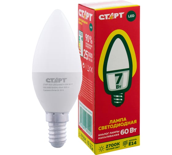 Светодиодная лампа (в колбе лон) СТАРТ ECO LEDCandleE14 7W 30 FP