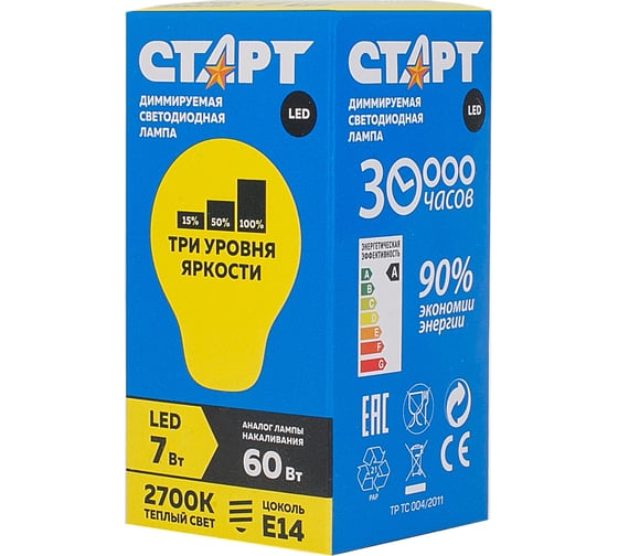Светодиодная диммируемая лампа СТАРТ в колбе шар LEDSphereE14 7W27 Dim Step