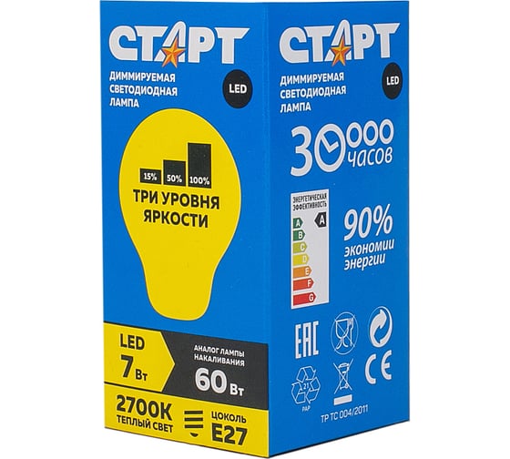 Светодиодная диммируемая лампа СТАРТ в колбе шар LEDSphereE27 7W27 Dim Step