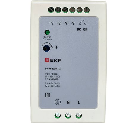 Блок питания на дин рейку EKF 100Вт, Uвх 220 В AC m, Uвых - 12 В DC постоянного тока DR-M-100W-12