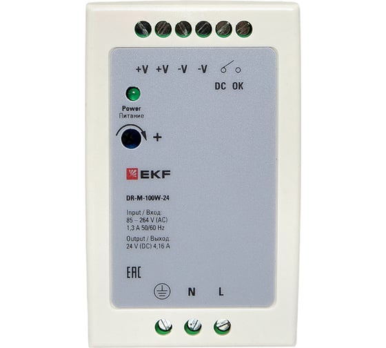 Блок питания на дин рейку EKF 100Вт, Uвх 220 В AC m, Uвых - 24 В DC постоянного тока DR-M-100W-24