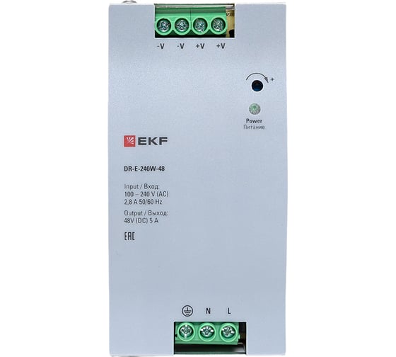 Блок питания на дин рейку EKF 240 Вт, Uвх 220 В AC m, Uвых - 48 В DC постоянного тока DR-E-240W-48