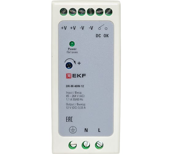 Блок питания на дин рейку EKF 40Вт, Uвх 220 В AC m, Uвых - 12 В DC постоянного тока DR-M-40W-12