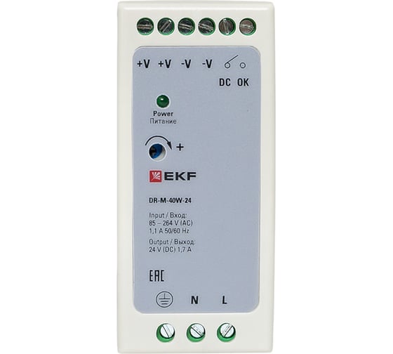 Блок питания на дин рейку EKF 40Вт, Uвх 220 В AC m, Uвых - 24 В DC постоянного тока DR-M-40W-24
