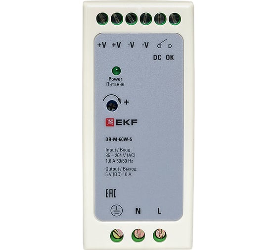 Блок питания на дин рейку EKF 60Вт, Uвх 260 В AC m, Uвых - 5 В DC постоянного тока DR-M-60W-5