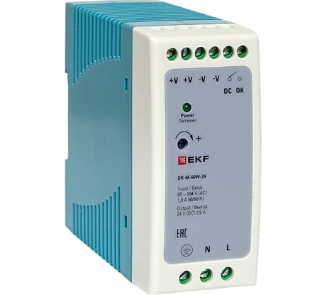 Блок питания на дин рейку EKF 60Вт, Uвх 220 В AC m, Uвых - 24 В DC постоянного тока DR-M-60W-24