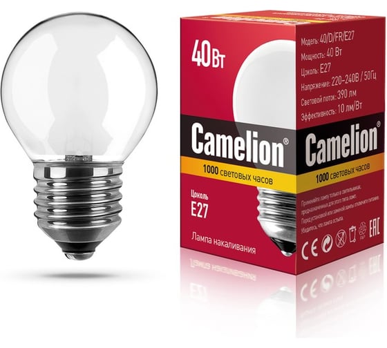 Лампа накаливания с матовой колбой, сфера Camelion 40/D/FR/E27 13490