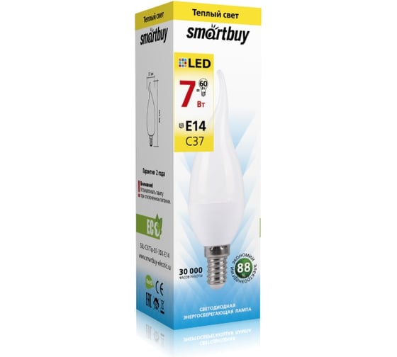 Светодиодная лампа Smartbuy LED свеча на ветру, матовая C37-07W/3000/E14 SBL-C37Tip-07-30K-E14
