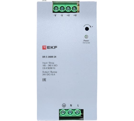 Блок питания на дин рейку EKF 240 Вт, Uвх 220 В AC m, Uвых - 24 В DC постоянного тока DR-E-240W-24