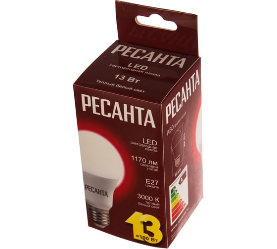 Светодиодная лампа Ресанта LL-R-A60-13W-230-3K-E27 /груша, 13Вт, тепл., Е27/ 76/1/17