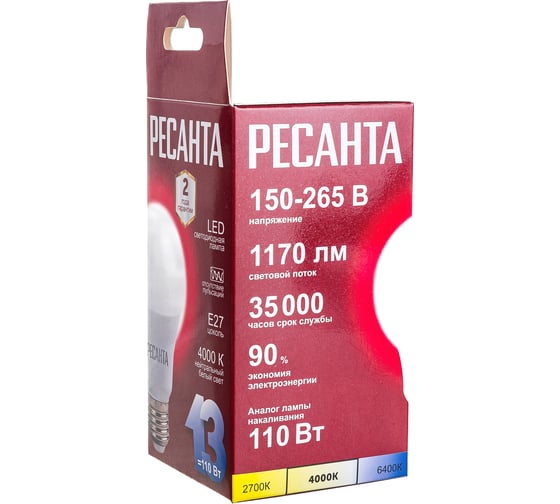 Светодиодная лампа Ресанта LL-R-A60-13W-230-4K-E27 (груша, 13Вт, нейтр., Е27) 76/1/18